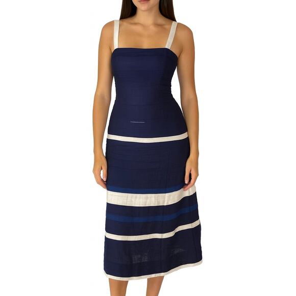 NWT Lela Rose Navy White Tiered Midi Dress 8 Beaded Straps Cocktail USA - Picture 1 of 12